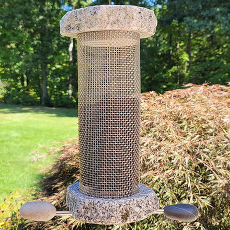 Lifetime Feast Thistle Feeder: Handmade granite and metal mesh bird feeder, unique design, durable, holds 1-1/2 lbs. of nyjer seed, easy to clean and fill.