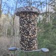 Sea Stones Featherweight Granite Cylinder Feeder filled with seeds, showcasing a reclaimed granite design for outdoor bird feeding and sustainable living.