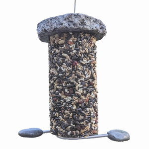 Sea Stones Featherweight Granite Cylinder Feeder, handmade from reclaimed granite, showcases different grains. Artisan-crafted, unique, and eco-friendly, it enhances garden decor with sustainable elegance.