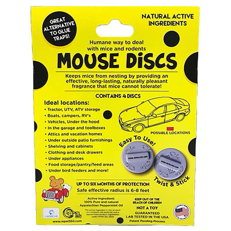 Mouse Discs, 4 Pack (30% OFF) - Yellow package with two round twist-and-stick discs, featuring a drawing of a car and mouse in a red car.