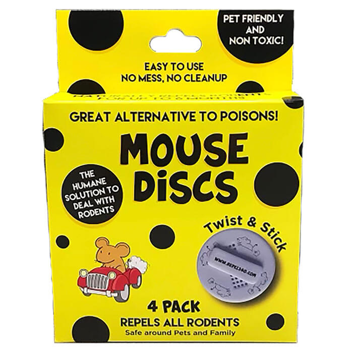 Mouse Discs, 4 Pack (30% OFF). Yellow box with black dots and text, featuring patent-protected, natural peppermint oil rodent repellent discs. Safe, humane, and easy to use.