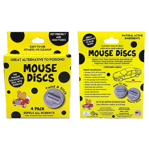 Mouse Discs, 4 Pack (30% OFF) - Yellow packaging with black dots, patent-protected rodent repellent discs. Non-toxic, humane, natural peppermint scent, easy twist and stick application.