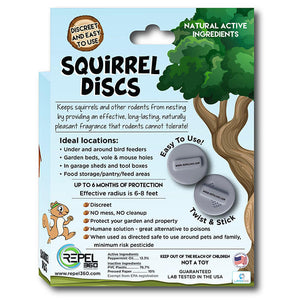 4-pack of Squirrel Discs, featuring twist-and-stick design, non-toxic, all-natural peppermint oil for rodent repellent, effective up to 6 months, safe for pets and family.