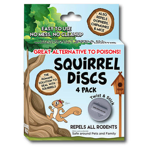 Squirrel Discs, 4 Pack: Box featuring a cartoon squirrel running, contains twist-and-stick discs for natural, non-toxic rodent repellent.