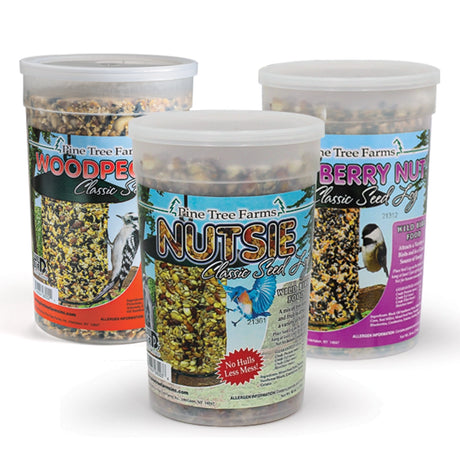 Regular Classic Seed Logs, Set of 3: Three tubs of compressed seed logs for wild birds, featuring Woodpecker, Nutsie, and Berry Nut varieties.