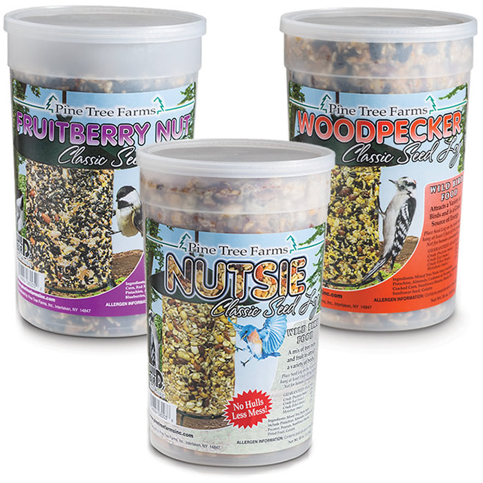 Regular Classic Seed Logs, Set of 3, featuring plastic containers labeled with seeds and nuts for attracting birds, suitable for year-round feeding in seed log or cylinder feeders.