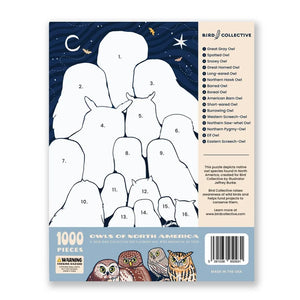Owls of North America Puzzle back shows 16 silhouetted owl shapes with species key against a night sky, featuring a 1,000-piece count and artist credit.