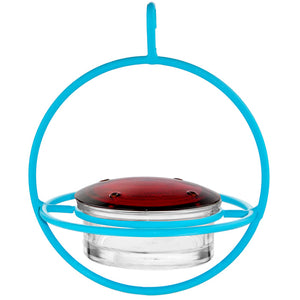 Sphere Hummingbird Feeder, Aqua, featuring a red lid and built-in perch, with four feeding ports and a clear glass dish cradled in a steel frame.