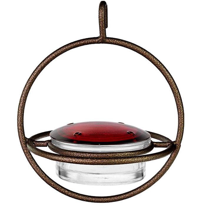 Sphere Hummingbird Feeder, Dark Copper, featuring a close-up of the glass container within a durable steel frame, designed to attract hummingbirds with its red lid and wraparound perch.