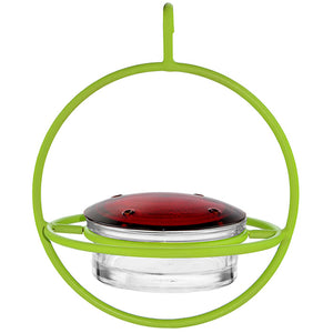 Sphere Hummingbird Feeder with Lime perch, featuring a red lid, four feeding ports, and a durable steel frame with a clear glass dish.