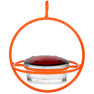 Sphere Hummingbird Feeder with orange perch, featuring a red glass lid and a durable steel frame, designed with four feeding ports and a clear glass dish.