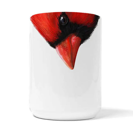 Wild Bird Snout Mugs, 4 to Choose From: A white mug featuring a close-up of a red bird's face, including the beak. Dishwasher and microwave safe.