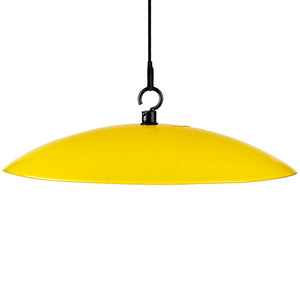 11 Petite Glass Baffle Dome with a yellow light on a black wire, includes two metal hooks, shelters birds and food from wet weather.