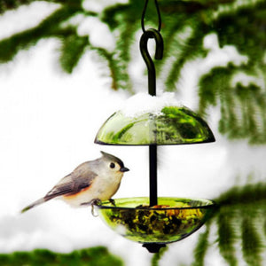 Mosaic Birds Hanging Double Poppy Feeder with bird perched on feeder, showcasing dual glass dishes for feeding or water, and sturdy metal hanger.