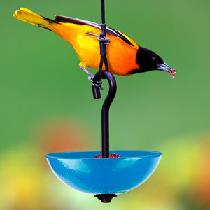 Mosaic Birds Single Hanging Poppy Feeder with a blue bowl, black pole, and a yellow bird feeding, includes durable metal hanger and easy-fill dish.