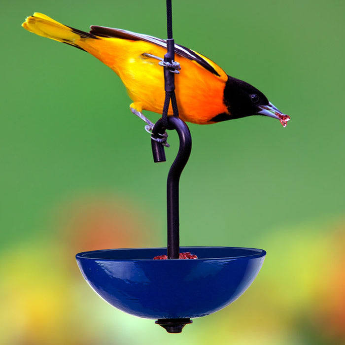 Mosaic Birds Single Hanging Poppy Feeder with a yellow bird eating from a blue bowl. Features a sturdy black hanger and easy-to-clean design.