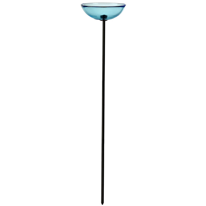 Mosaic Birds Poppy Stake Feeder, Aqua, featuring a blue glass dish on a durable black pole, perfect for attracting and feeding birds in your yard.