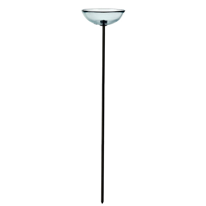 Mosaic Birds Poppy Stake Feeder, Clear: A long black pole with a clear glass bowl designed for feeding birds, featuring a durable steel garden stake and easy-to-clean translucent dish.