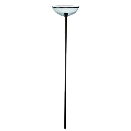 Mosaic Birds Poppy Stake Feeder, Clear: A long black pole with a clear glass bowl designed for feeding birds, featuring a durable steel garden stake and easy-to-clean translucent dish.