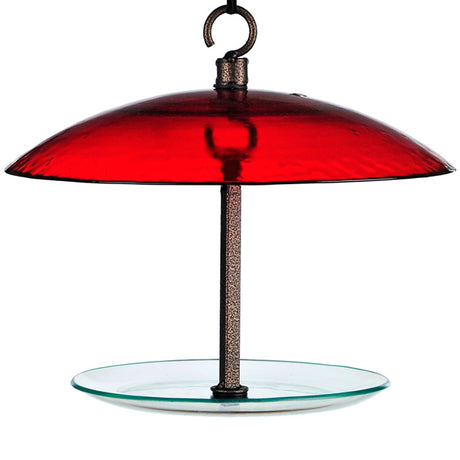 Petite Seed Cylinder Feeder featuring a red glass dome, designed to hold stackable seed cylinders, with a bottom tray to catch scattered seed.