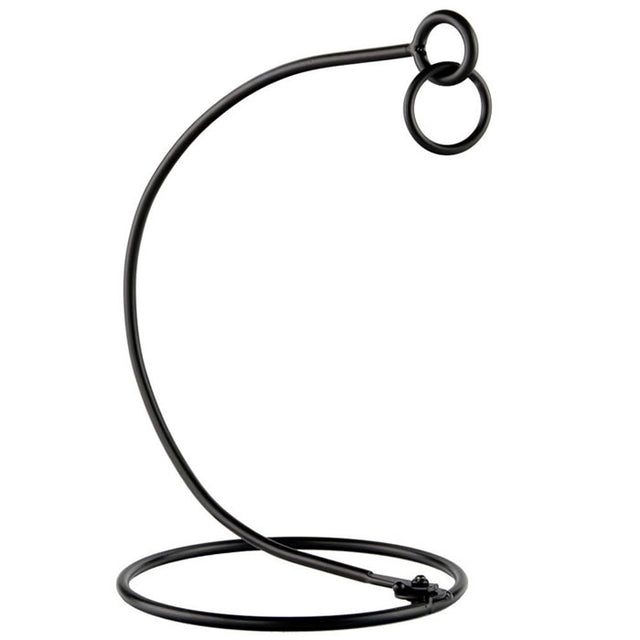 Metal Tabletop Stand for Sphere Hummingbird Feeders: A minimalist black metal stand with rings and a hanging loop, designed for patio tables to attract hummingbirds.