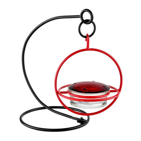 Sphere Hummingbird Set with red glass lid, black wire hanger, and clear dish for up-close bird feeding.