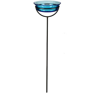 Cuban Garden Stake with birdbath, featuring a blue glass bowl on a black stand. Eco-friendly, adjustable height, perfect for attracting birds to your garden.