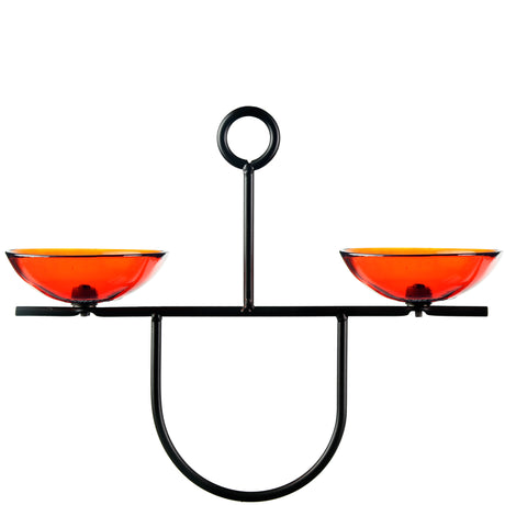 Mosaic Birds Side by Side Poppy Feeder, Orange, with two red glass dishes on a black metal stand for bird treats.