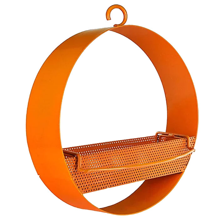 Mosaic Birds Bistro Bird Feeder in metal with a circular mesh tray, orange finish, and two perches, ideal for feeding and attracting birds.