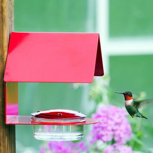 The Cottage Hummingbird Feeder Red, featuring a sheltered glass dish with a red lid and multiple feeding ports, attracts hummingbirds to rest and feed.