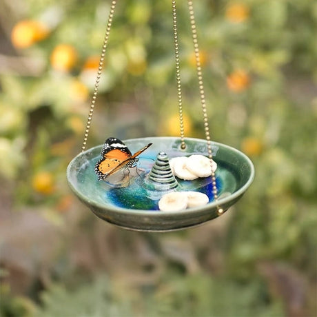 Mutsu Butterfly & Bird Feeder with a butterfly perched on it, featuring a repurposed glass design for feeding butterflies and fruit-loving birds.