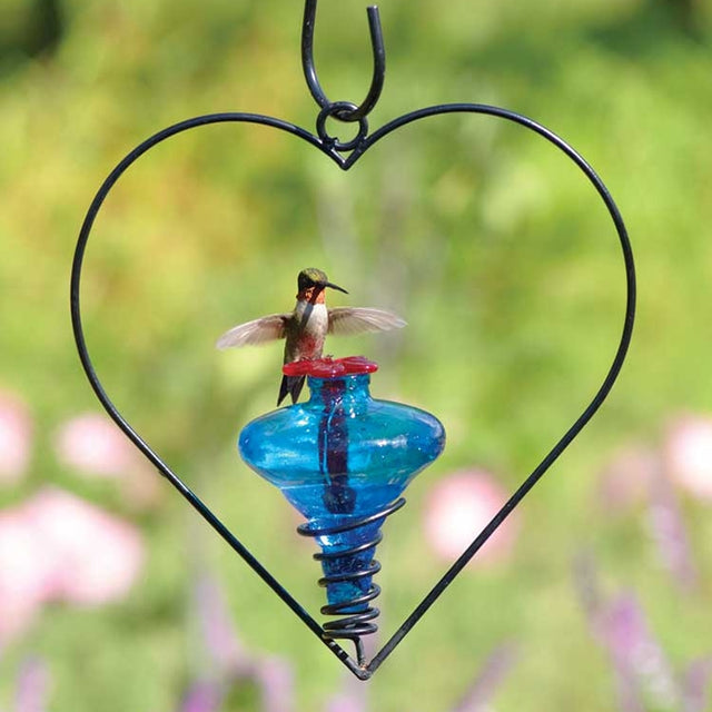 Mini Blossom Blue Heart hummingbird feeder with a red flower feeding tube, hanging securely within a heart-shaped hanger, designed to attract and easily feed hummingbirds.