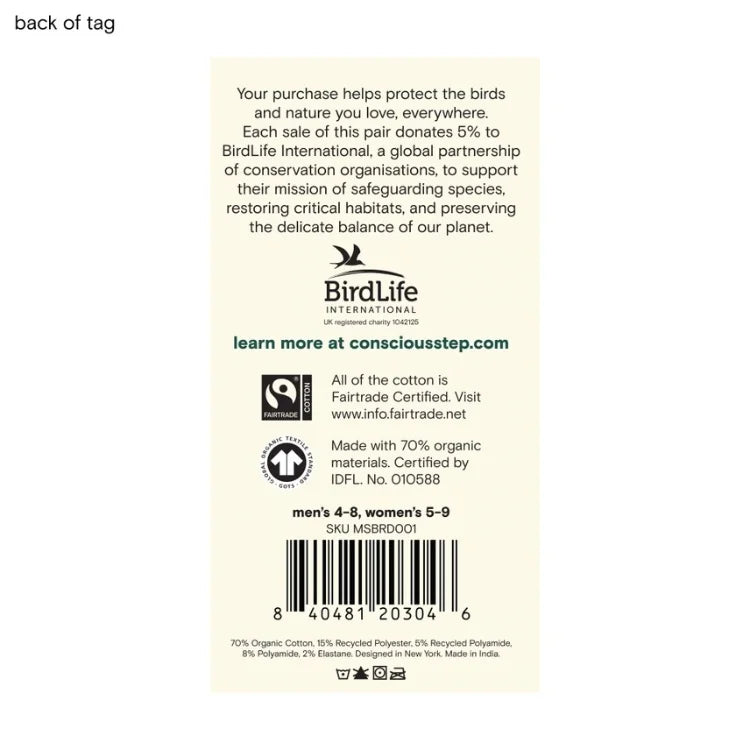 Back of Conscious Step hummingbird socks packaging showing organic cotton certification and conservation information