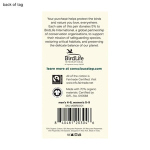 Back of Conscious Step hummingbird socks packaging showing organic cotton certification and conservation information