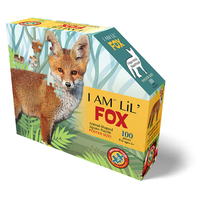 I Am Lil' Fox 100 pc. Puzzle box featuring a fox image, includes educational facts booklet and full puzzle image poster.