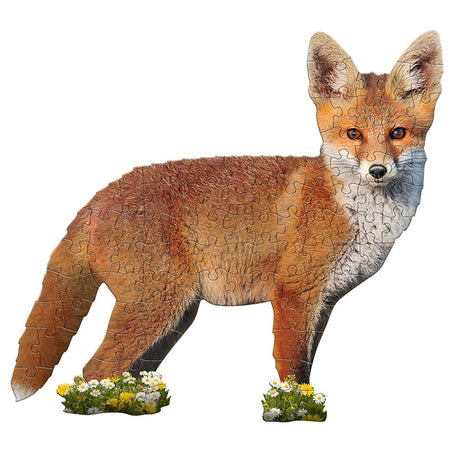 I Am Lil' Fox 100 pc. Puzzle featuring a fox-shaped design, 100 pieces, and includes an educational booklet with fun facts.