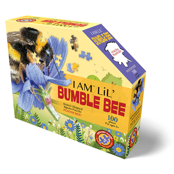 I Am Lil' Bumble Bee 100 pc. Puzzle box featuring a bee image, with a unique-shaped border and large, easy-to-handle pieces for ages 5 and up.