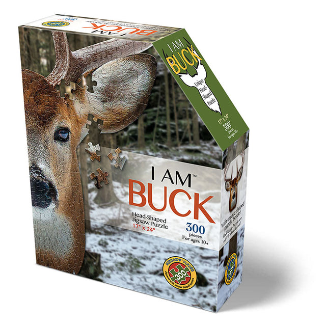 I Am Buck 300 pc. Puzzle: Box containing a 300-piece jigsaw puzzle featuring a deer head, packaged with educational Madd Capp Fun Facts.