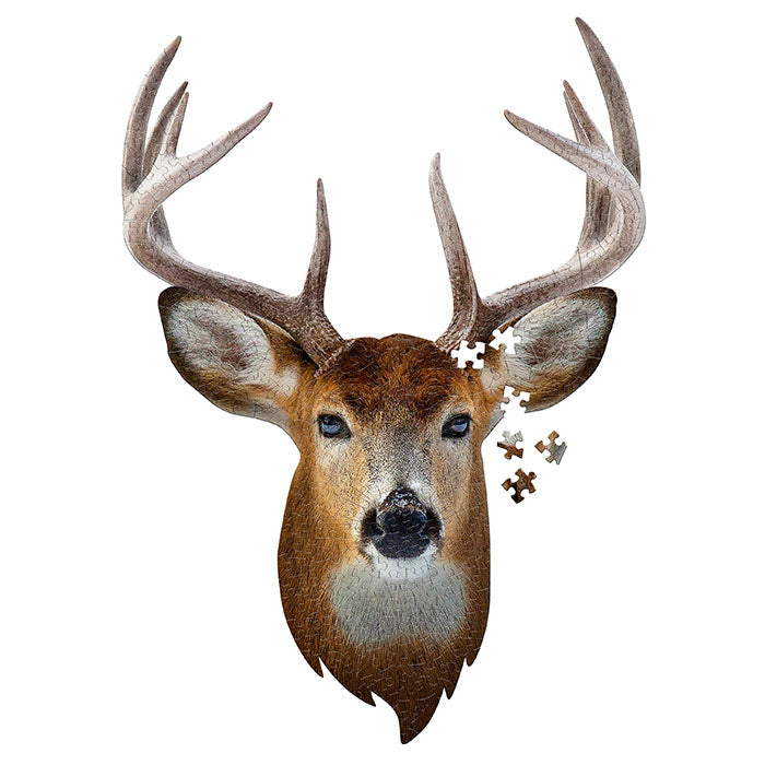 I Am Buck 300 pc. Puzzle: A 300-piece jigsaw puzzle depicting a deer's head with antlers, including educational Madd Capp Fun Facts and a fold-out reference poster.