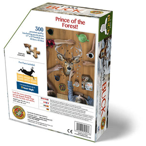 I Am Buck 300 pc. Puzzle in a tamper-proof box with an animal-shaped design and educational booklet.