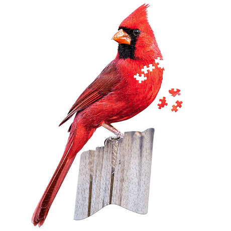 I Am Cardinal 300 pc. Puzzle featuring a red bird-shaped design, includes educational Madd Capp Fun Facts booklet and full puzzle image poster.