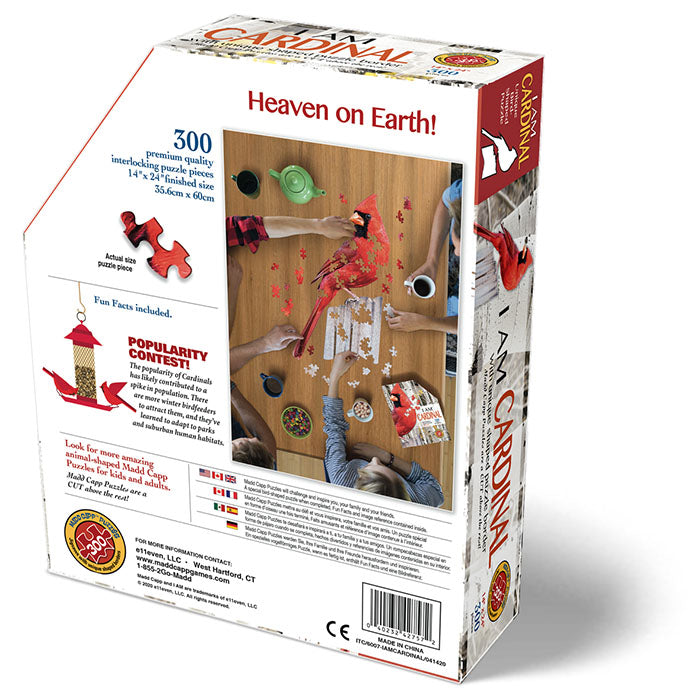 I Am Cardinal 300 pc. Puzzle box featuring a bird image, includes educational booklet, poster, and uniquely-shaped puzzle pieces.