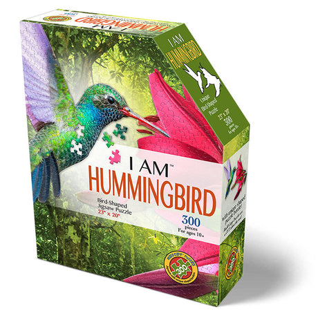 I Am Hummingbird 300 pc. Puzzle box featuring a photo-realistic hummingbird image, includes Fun Facts booklet and a fold-out puzzle image.