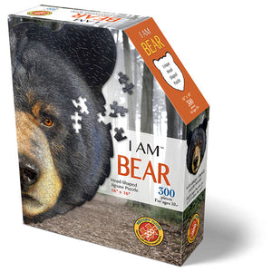 I Am Bear 300 pc. Puzzle: A bear-shaped, 300-piece jigsaw puzzle in a tamper-proof box, includes educational booklet and fold-out image.