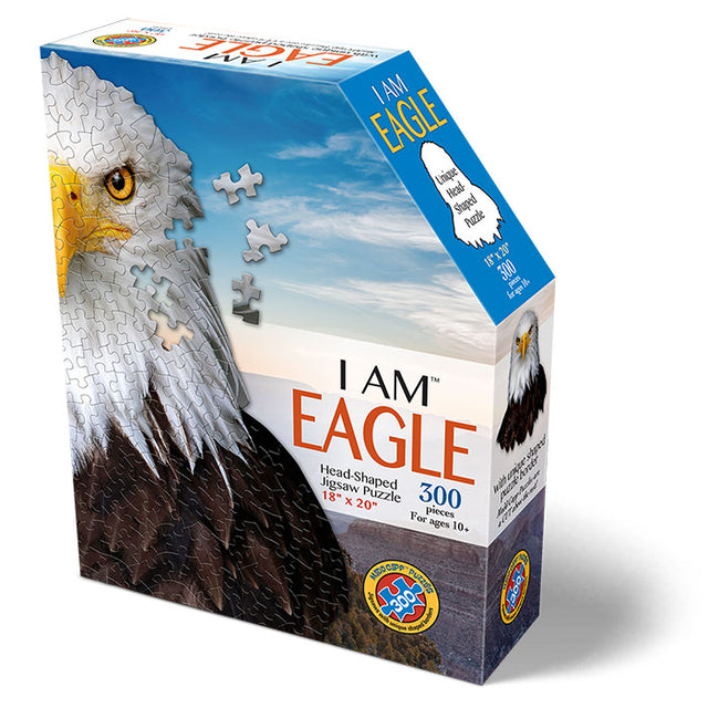 I Am Eagle 300 pc. Puzzle: A unique, animal-shaped jigsaw puzzle featuring a photo-realistic image of an eagle on the box. Includes educational booklet and full puzzle image.