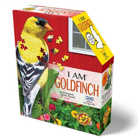 I Am Goldfinch 300 pc. Puzzle box featuring a bird image with educational booklet and unique-shaped border.