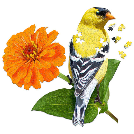 I Am Goldfinch 300 pc. Puzzle showcasing a bird perched on a flower, includes an educational booklet and poster, 21 x 22 inches finished size.