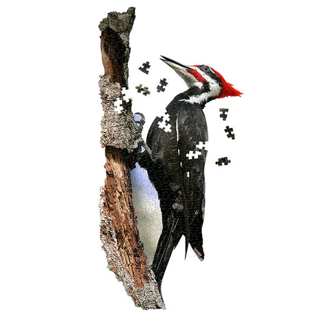 I Am Woodpecker 300 pc. Puzzle featuring a woodpecker on a tree, includes educational booklet and unique-shaped pieces.