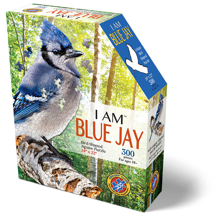 I Am Blue Jay 300 pc. Puzzle: A tamper-proof box of 300 unique-shaped, cleanly cut puzzle pieces forming a lifelike blue jay image with an educational booklet.