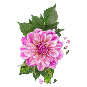 I Am Dahlia 350 pc. Puzzle showcasing a pink flower with green leaves, uniquely shaped pieces, and includes an educational booklet with gardening tips.